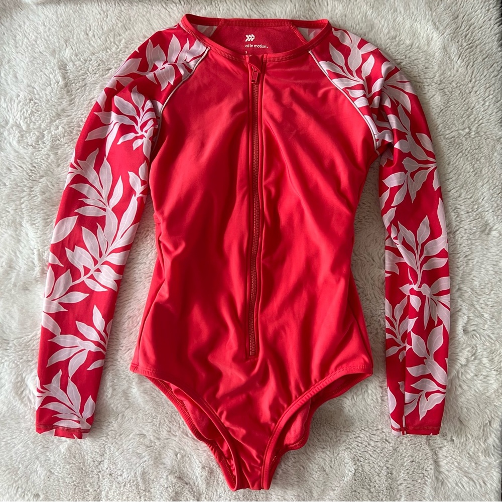 Long sleeve zip front one piece bathing suit